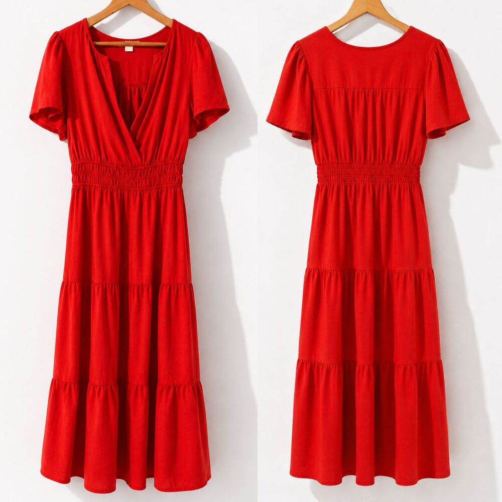 Womens Poppy Red Tiered Maxi Dress Medium Smocked Waist Boho Cottagecore Resort - Picture 5 of 10